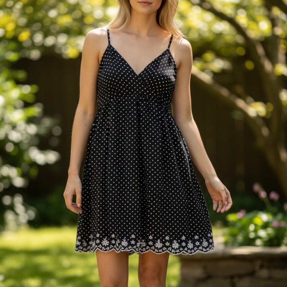 Vintage Jessica Black Polka Dot Babydoll Mini Dress Daisy Hem Coquette Sz 16